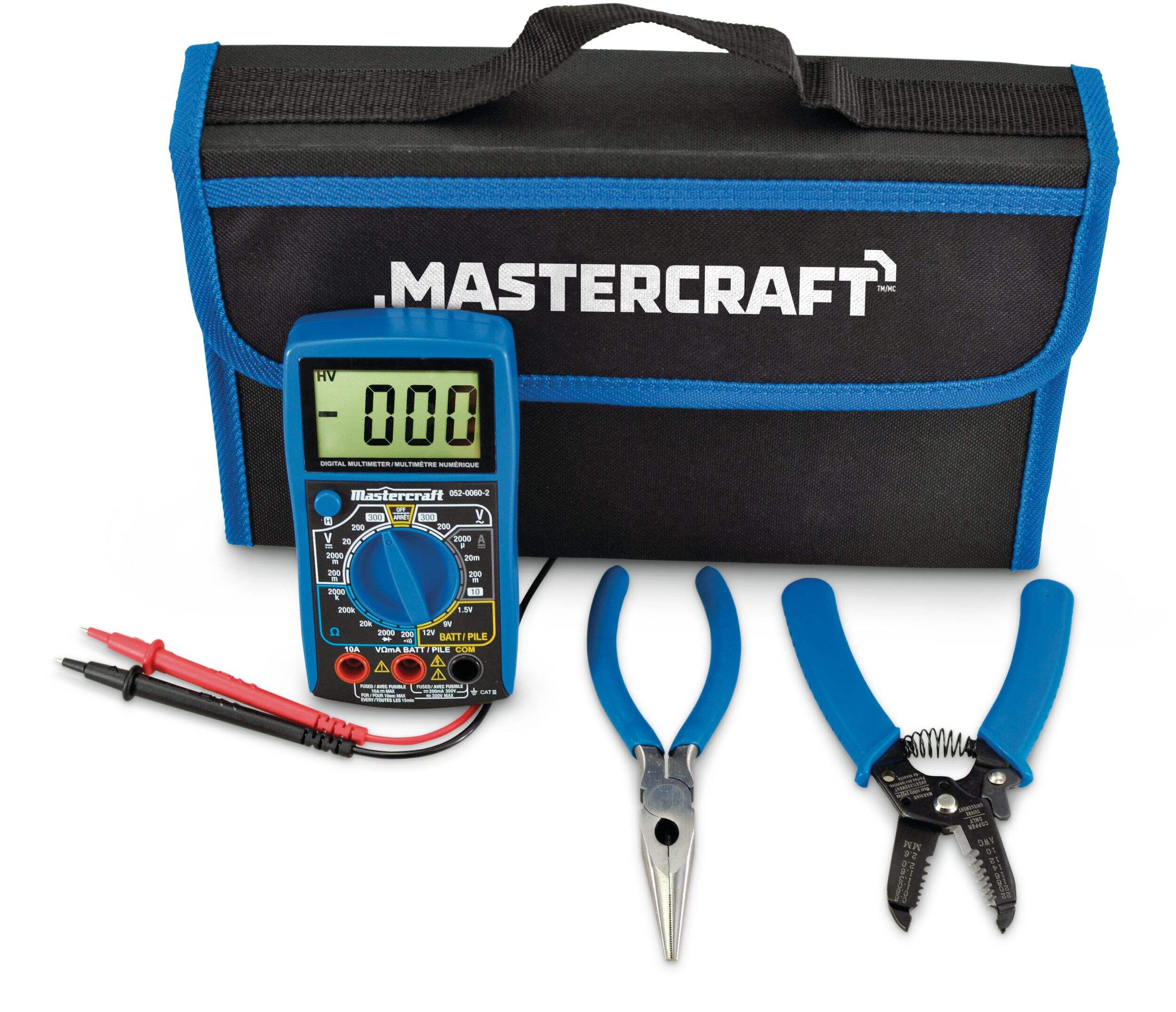 Mastercraft 5-Function 9-Range Digital Multimeter Kit with Carrying Case, Wire Strippers & Needlenose Pliers