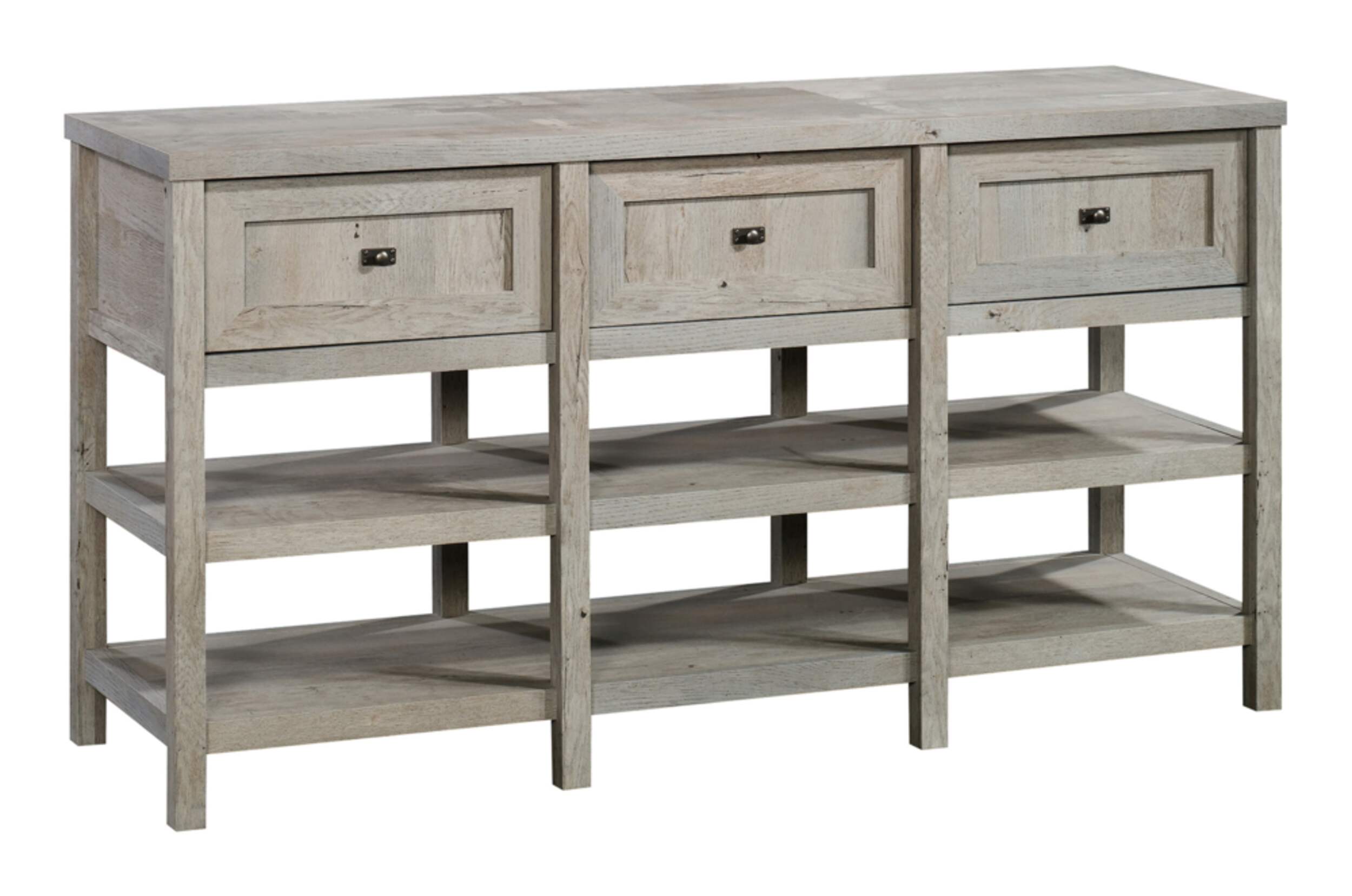 Sauder Cottage Road 3-Drawer Open Shelf Credenza/TV Stand/Console Table, Mystic Oak Finish