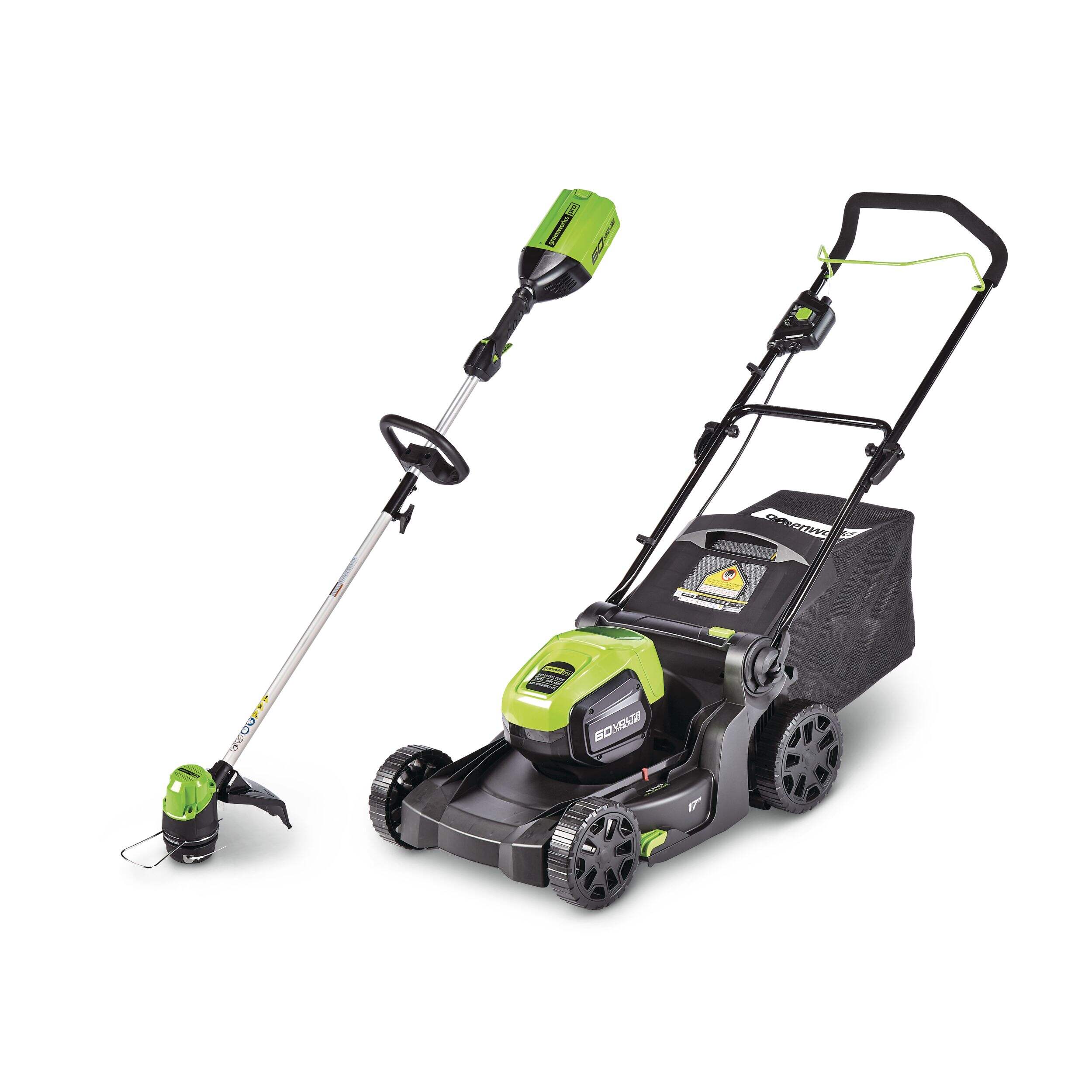Greenworks 2-in-1 60V 4Ah Battery, Cordless Push Lawn Mower + String Trimmer, 17-in + 13-in