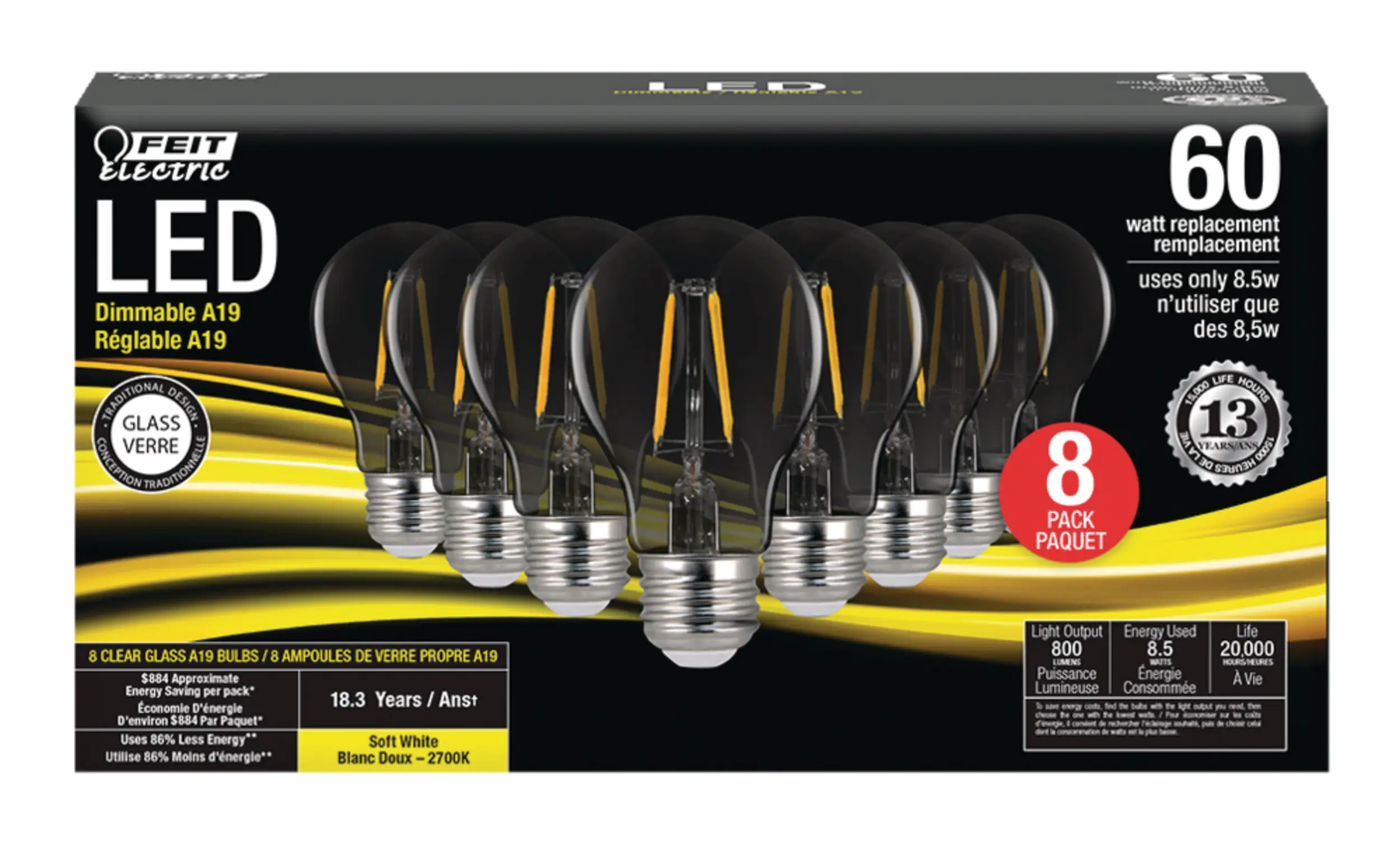 Feit Electric A19 Dimmable LED Filament Light Bulbs, 800 Lumens, Soft White, 60W, 8-pk