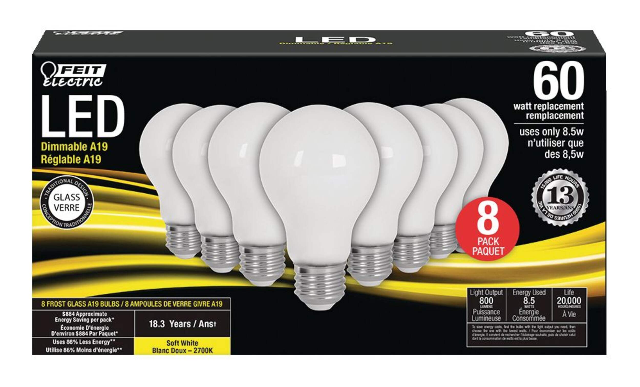 Feit LED A19 60W Filament Light Bulb, Soft White,ÃÂ White Glass, 8-pk