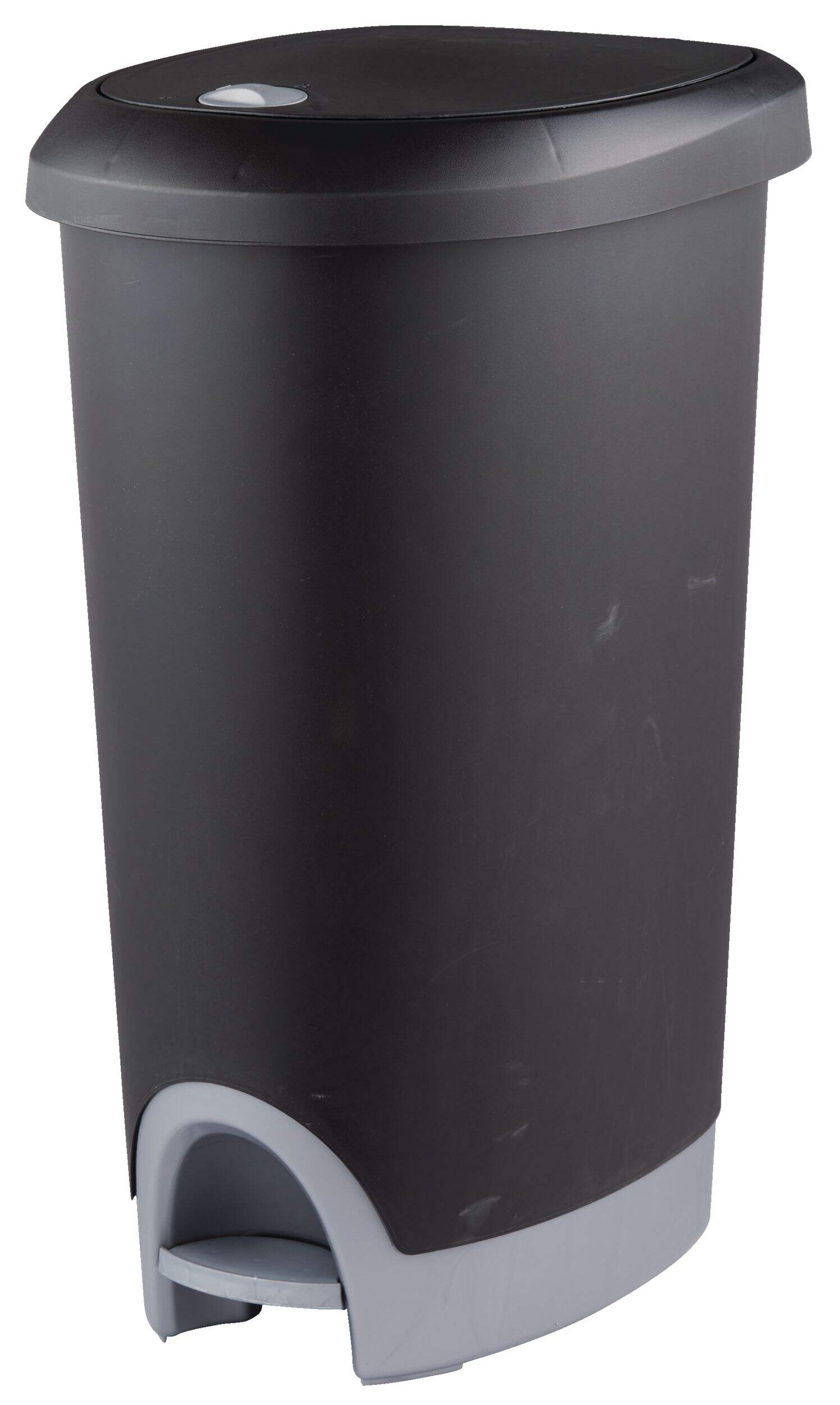 Sterilite Plastic D-Shaped Step Garbage Can with Locking Lid, Black/Grey, 48-L