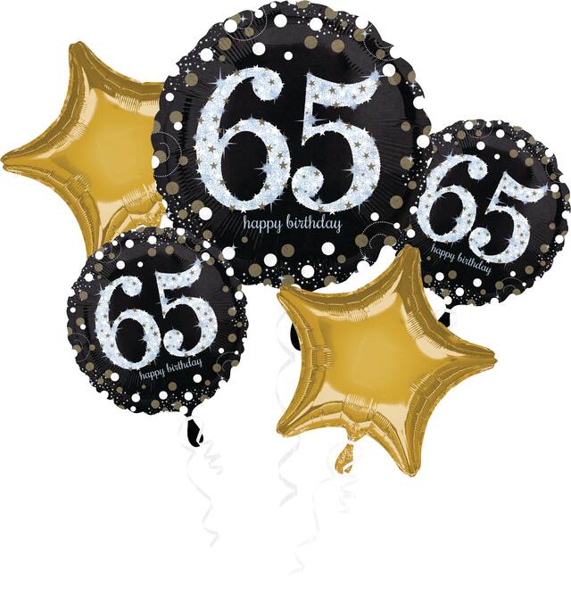 Sparkling Celebration "Happy 65th Birthday" Star  Satin Foil Balloon Bouquet, Black/Gold, 5-pk, Helium Inflation & Ribbon Included for Birthday Party