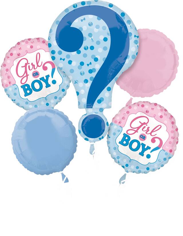 "Girl or Boy?" Question Mark/Round  Satin Foil Balloon Bouquet, Pink/Blue, 5-pk, Helium Inflation & Ribbon Included for Gender Reveal