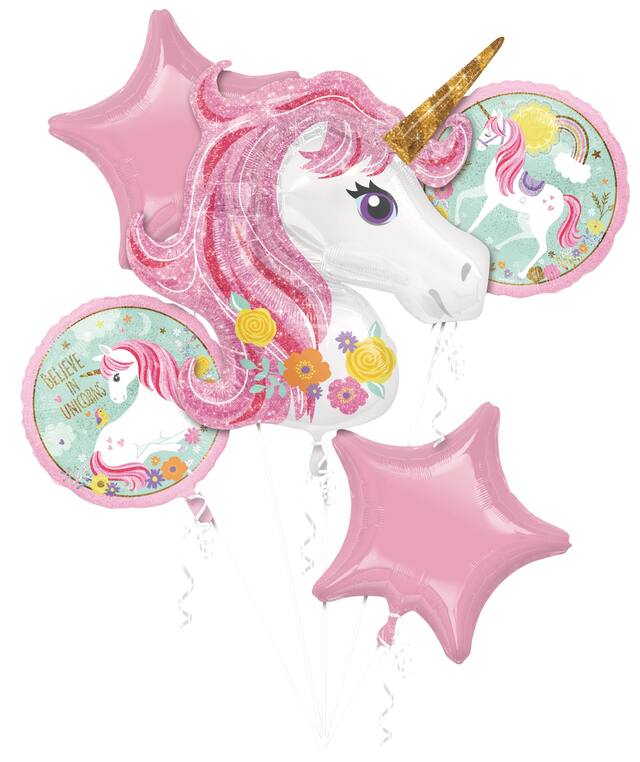 Anagram Int'l Inc. Unicorn "Believe in Unicorns" Star/Round Satin Foil Balloon Bouquet, Pink/White, 5-pk, Helium Inflation & Ribbon Included