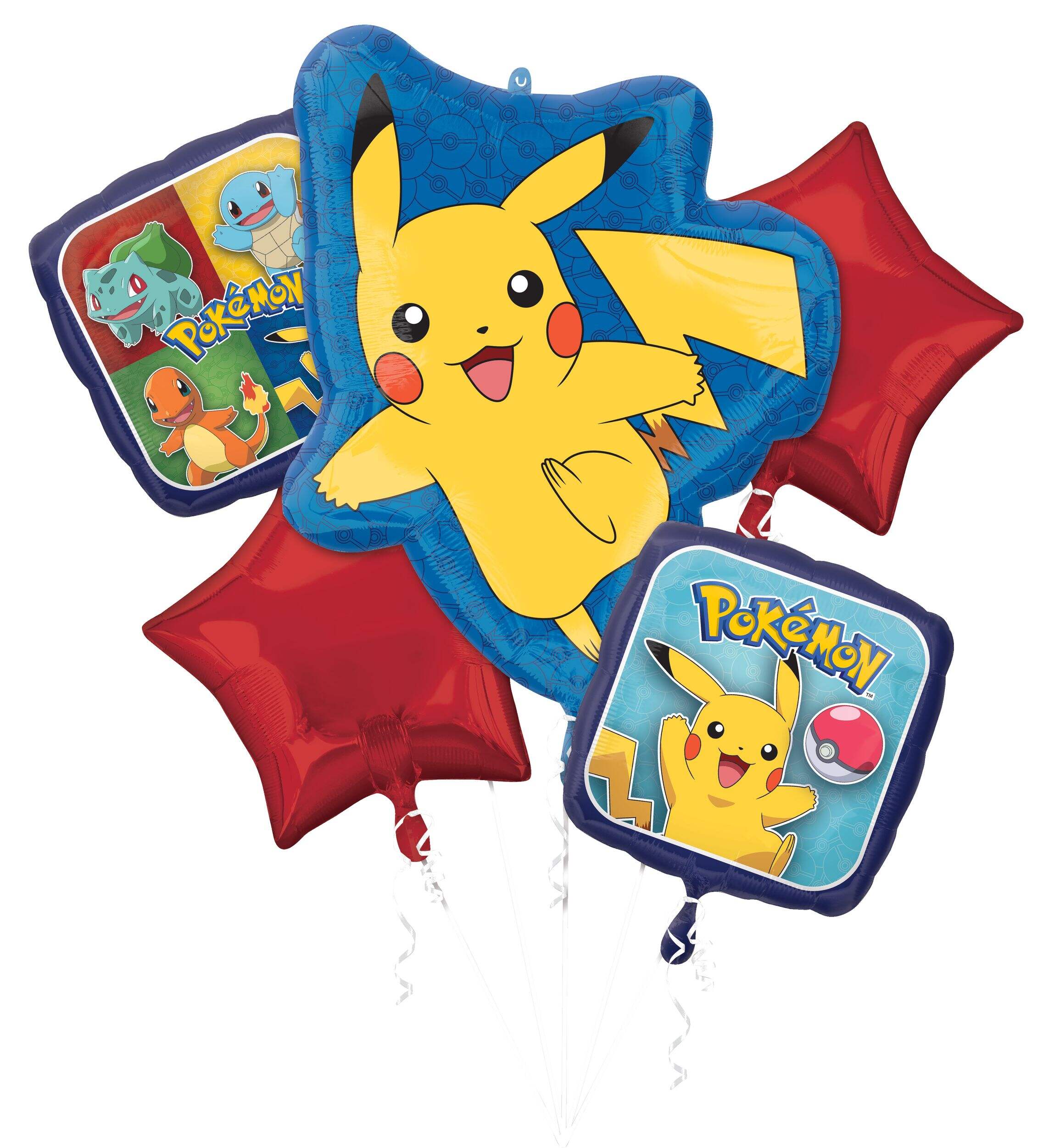 Anagram Int'l Inc. Nintendo PokÃÂ©mon Round Satin Foil Balloon Bouquet, Yellow/Red/Blue, 5-pk, Helium Inflation & Ribbon Included for Birthday Party