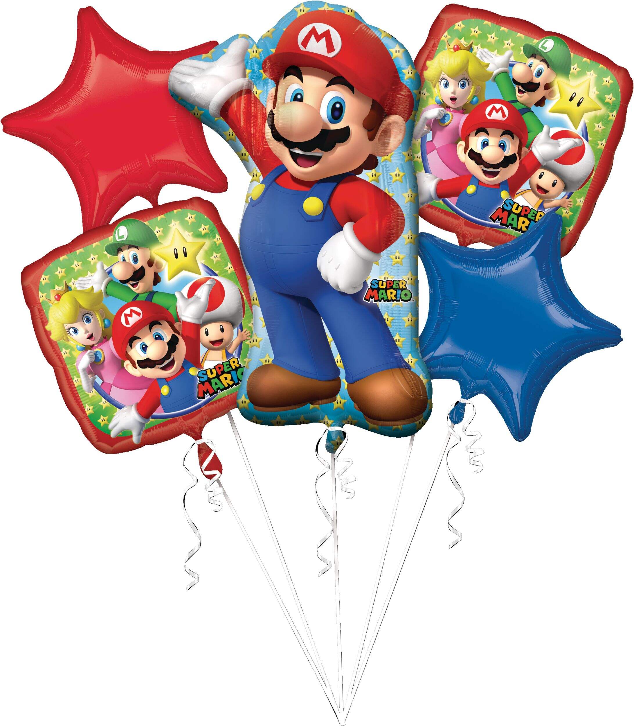 Super Mario Bros Satin Foil Balloon Bouquet, Blue/Red, 5-pk, Helium Inflation & Ribbon Included for Birthday Party