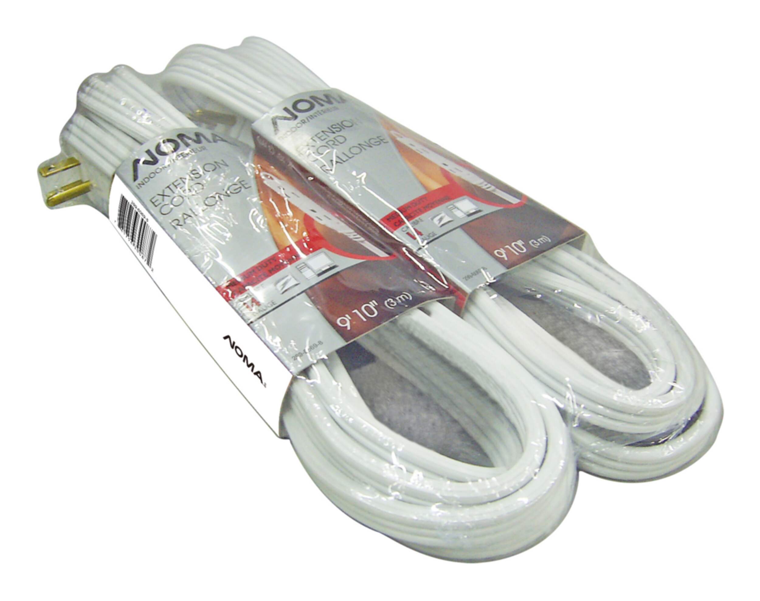 NOMA Indoor Extension Cord, 3 Outlets, White, 9-ft 10-in, 2-pk