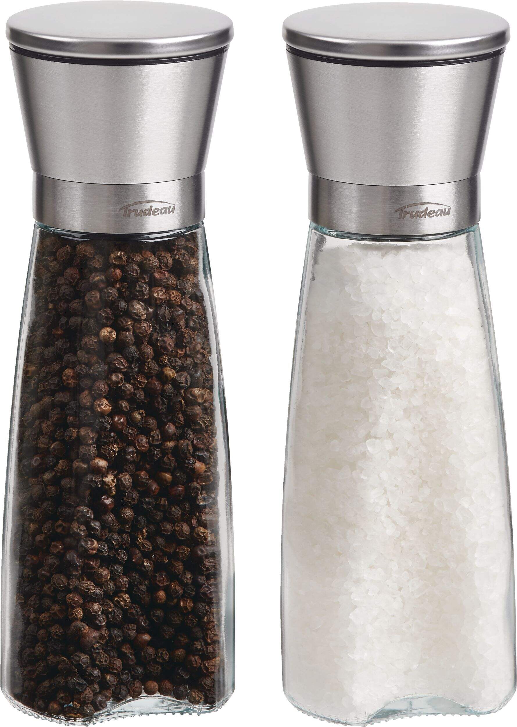 Trudeau Stainless Steel/Glass Salt & Pepper Grinder Mill Set, Pre-Filled, 8-in, 2-pc