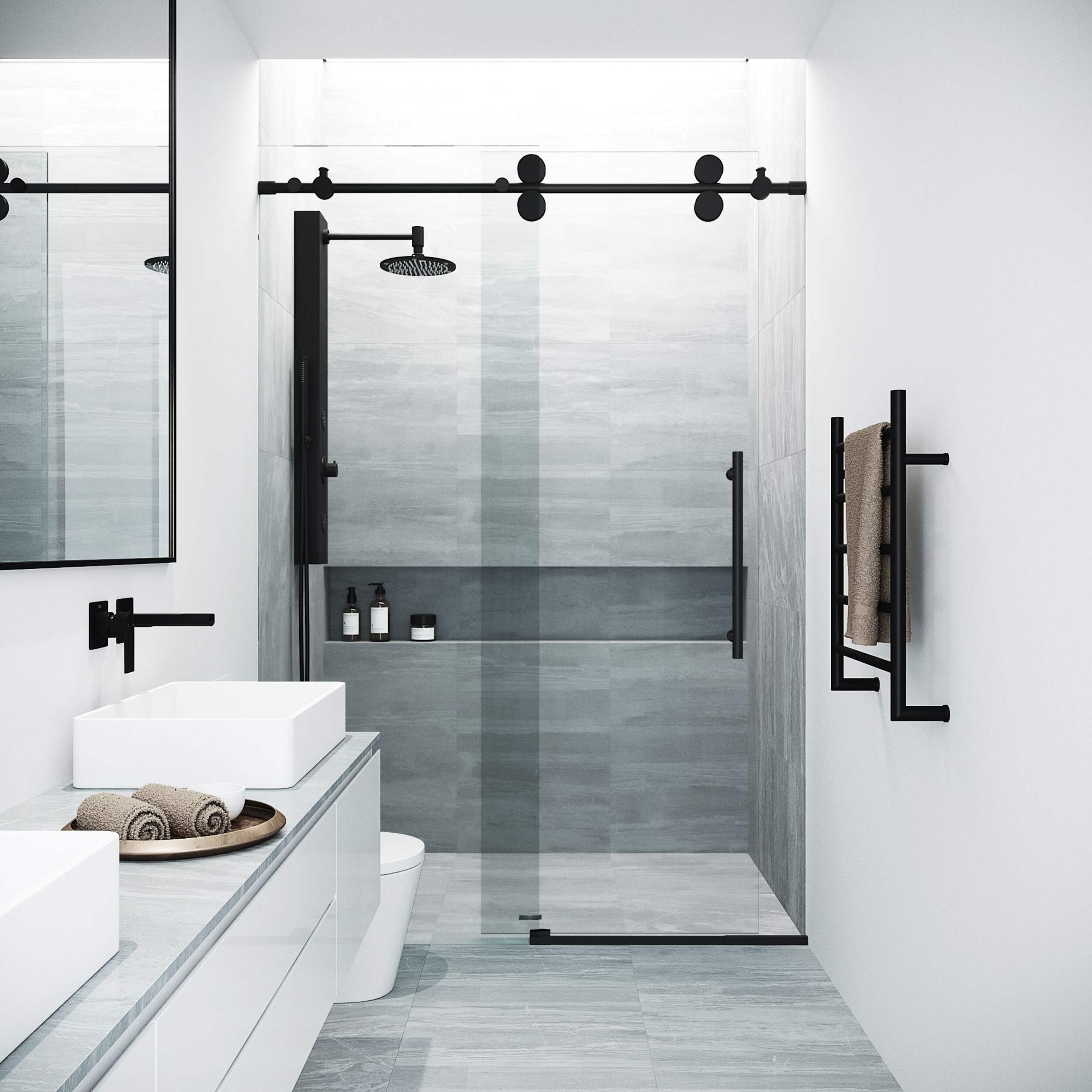 VIGO Elan Frameless Adjustable Sliding Shower Door with Clear Glass, Matte Black, 60x74-in