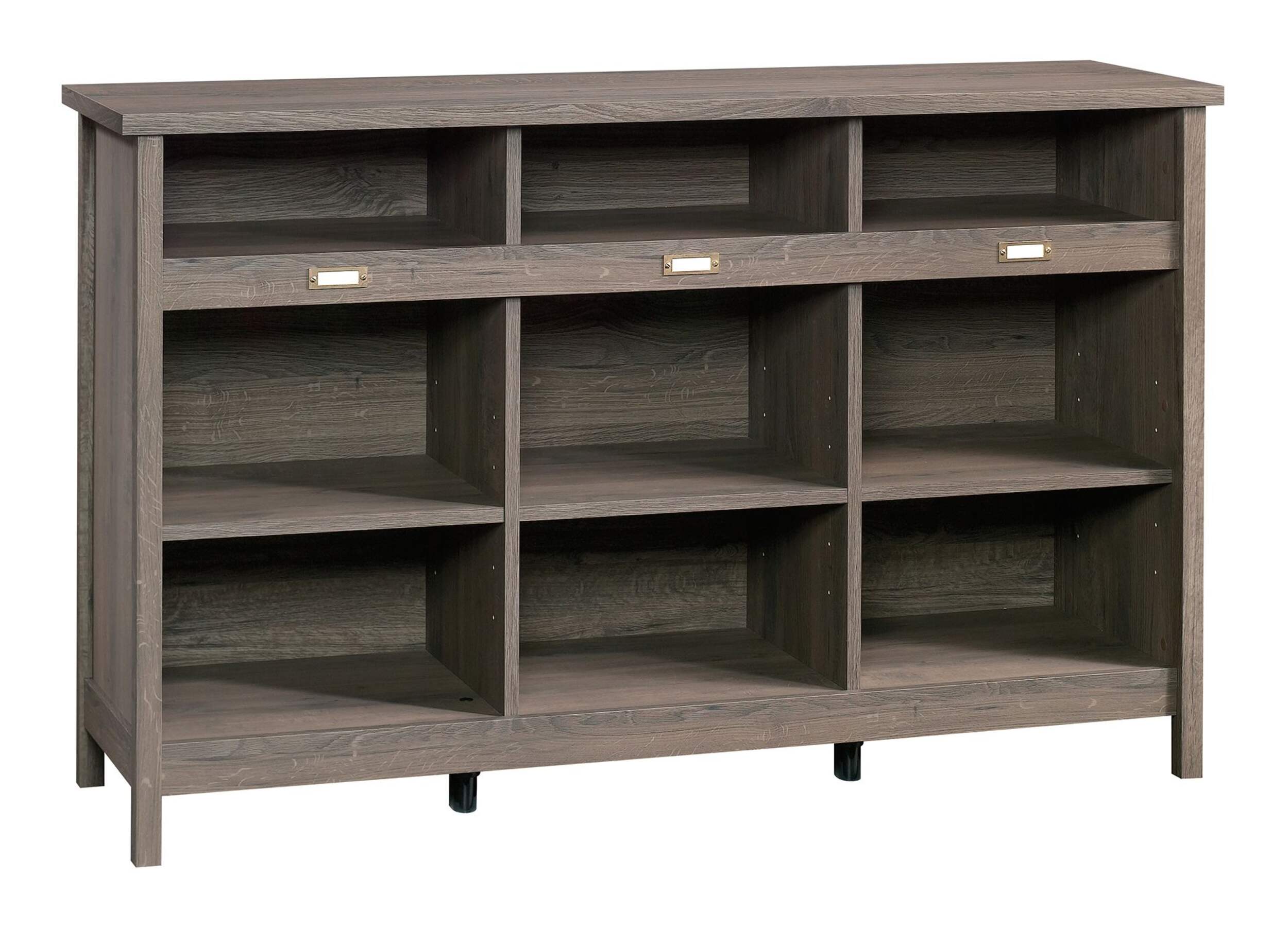 Sauder Adept Open Shelf Credenza/TV Stand/Console Table With Cubby Storage, Fossil Oak Finish