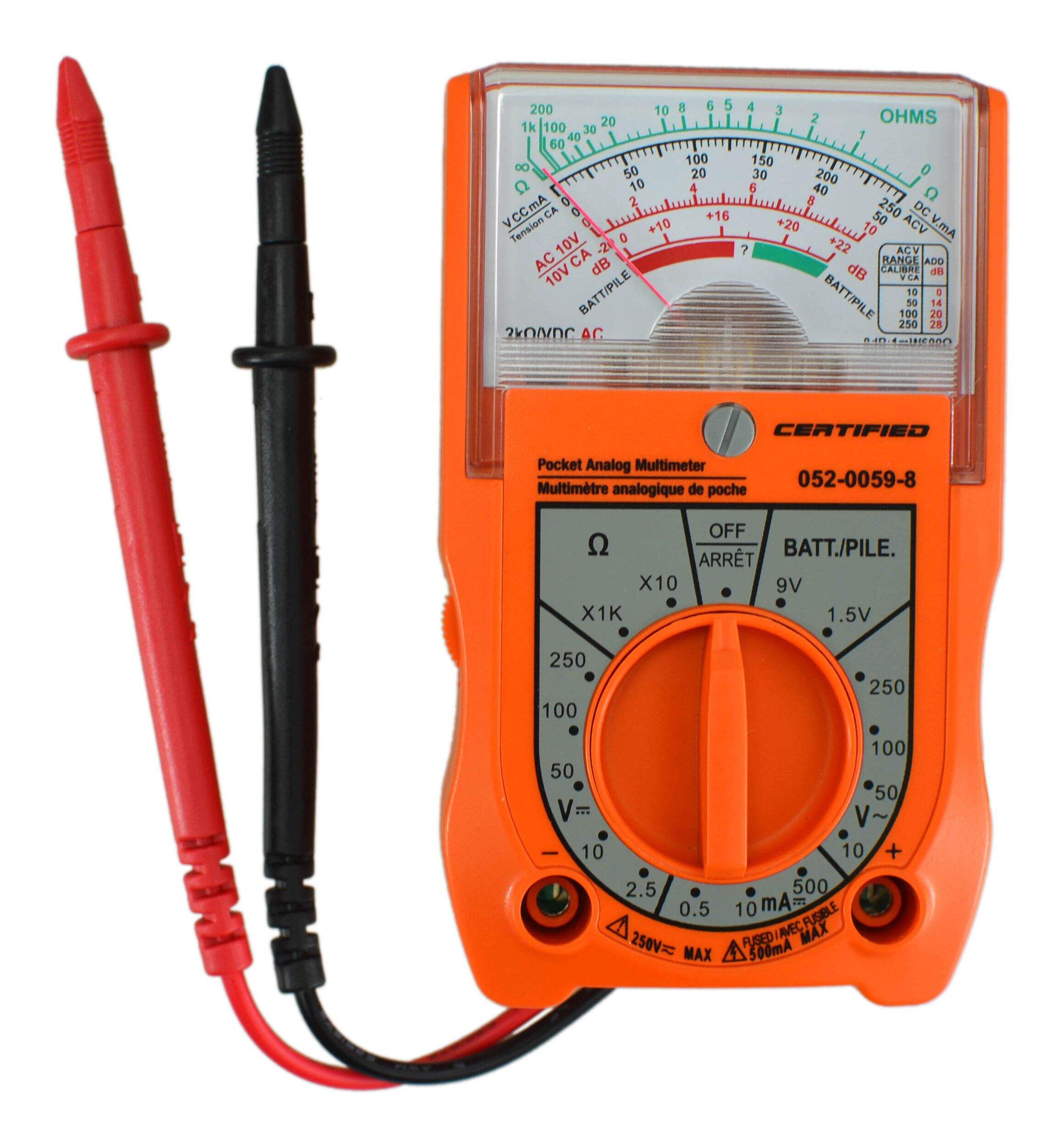 Certified Analog Multimeter with 6 Functions and 16 Ranges, Orange