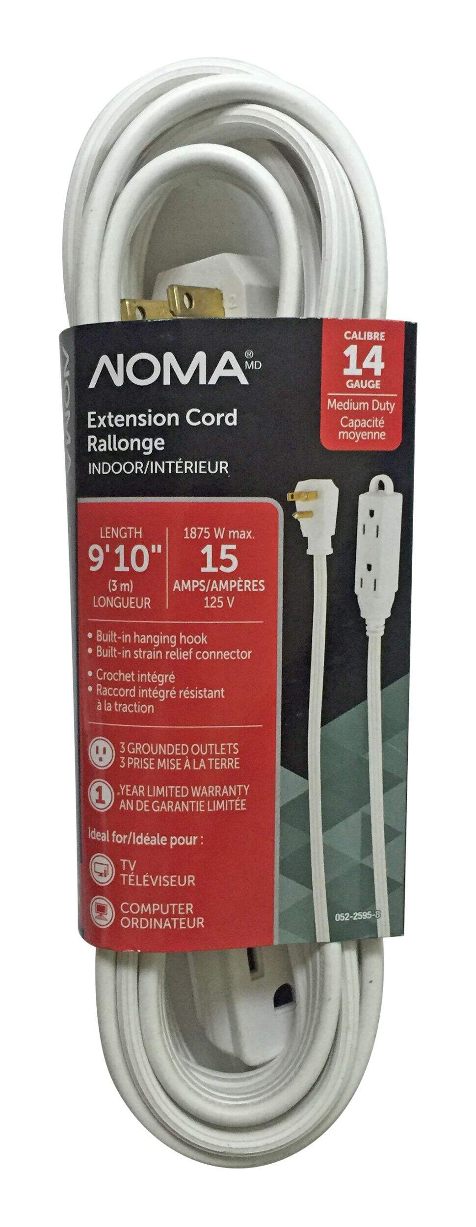 NOMA  14/3 Indoor Extension Cord with Right Angle Plug, 3 Grounded Outlets, White