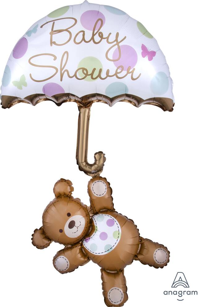 "Baby Shower" Teddy Bear & Umbrella Satin Foil Balloon, Brown/White, Polka Dot, 49-in, Helium Inflation & Ribbon Included for Baby Shower