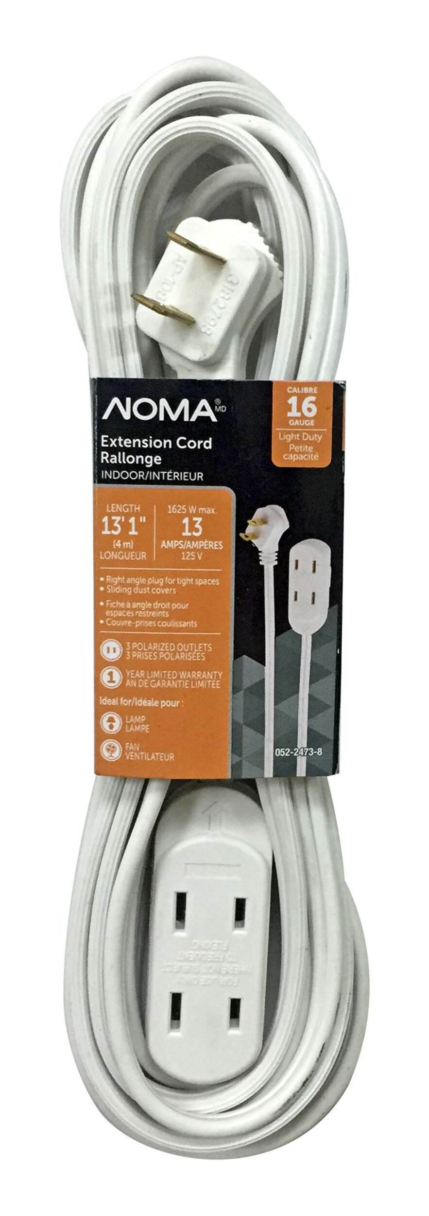 NOMA 13-ft 1-in 16/2 Indoor Extension Cord, 3 Outlets, Lighted End, Flat Plug, White