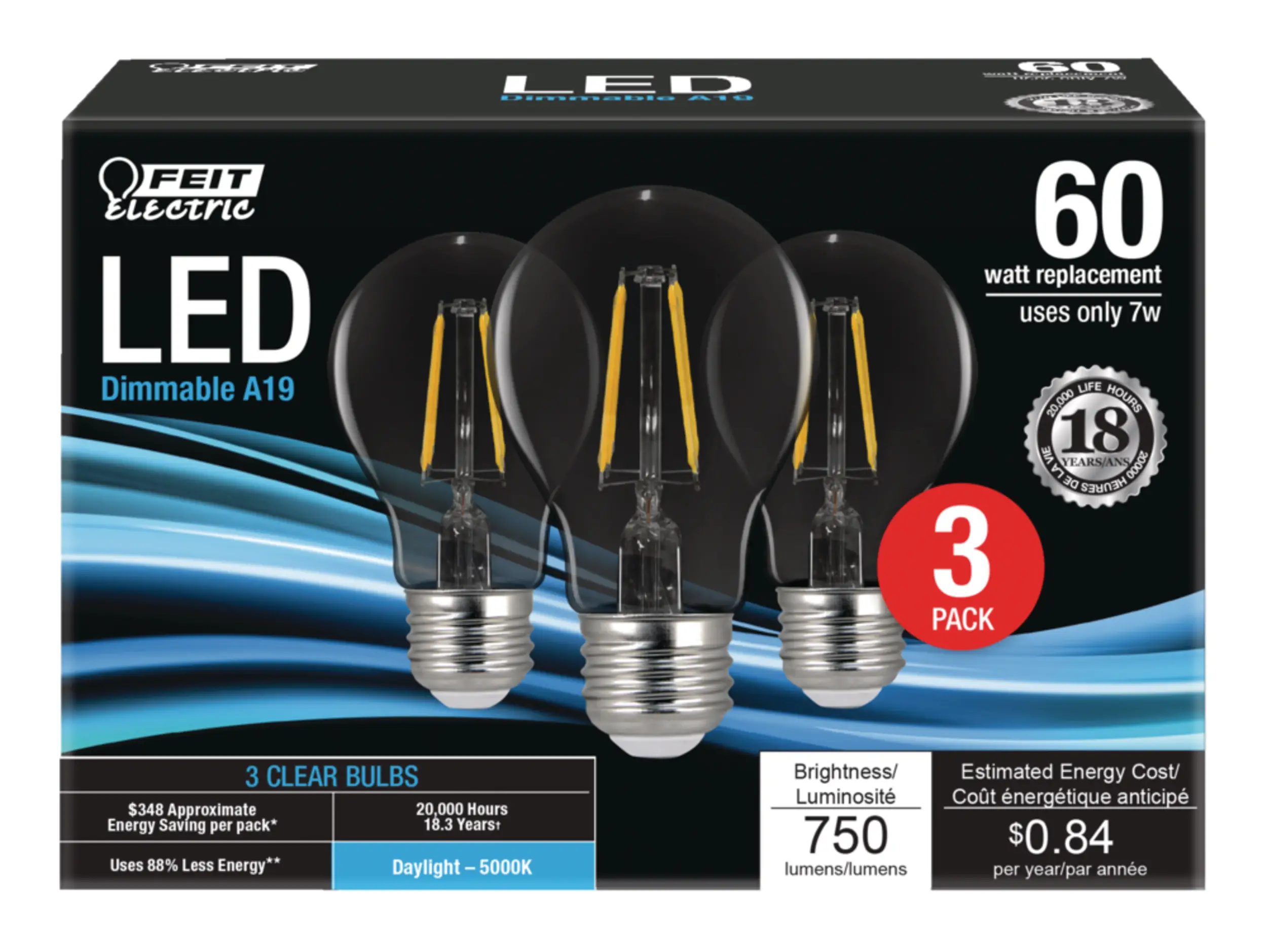 Feit Electric A19 Dimmable Clear LED Filament Light Bulbs, 750 Lumens, Daylight, 60W, 3-pk