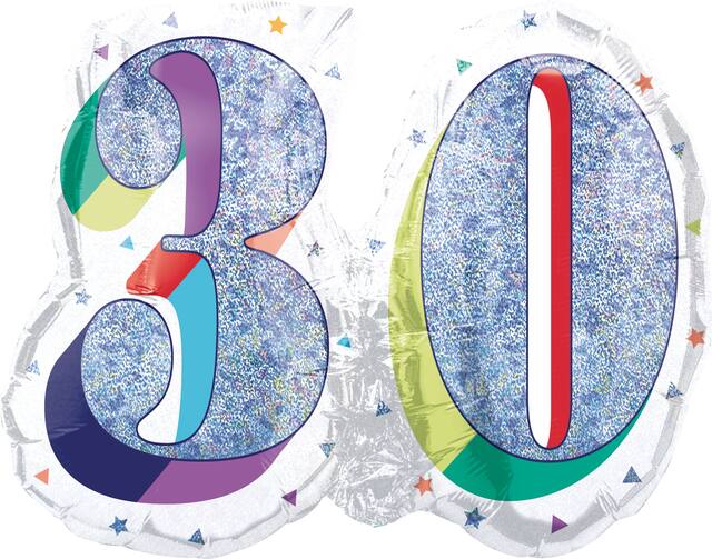 Prismatic Rainbow "30" Round Satin Foil Balloon, White/Silver, 26-in, Helium Inflation & Ribbon Included for Birthday Party