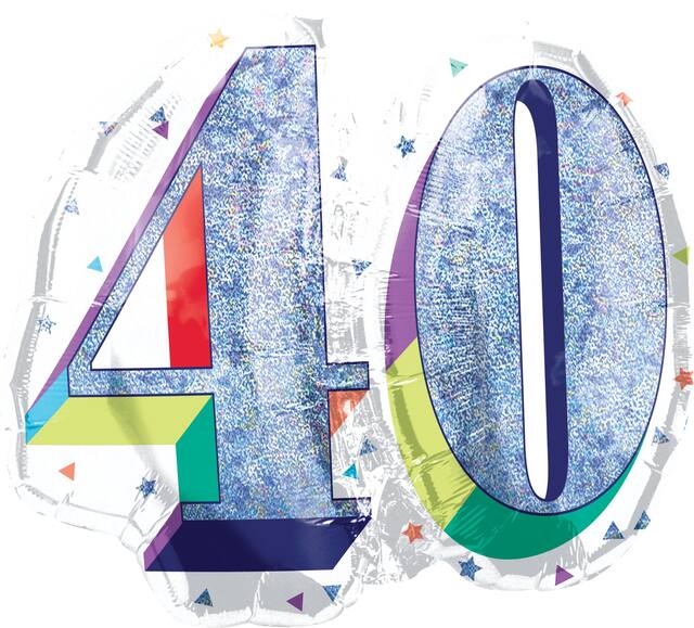 Prismatic Rainbow "40" Round Satin Foil Balloon, White/Silver, 26-in, Helium Inflation & Ribbon Included for Birthday Party