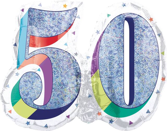 Prismatic Rainbow "50" Round Satin Foil Balloon, White/Silver, 26-in, Helium Inflation & Ribbon Included for Birthday Party