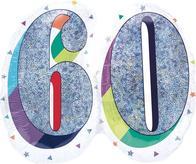 Prismatic Rainbow "60" Round Satin Foil Balloon, White/Silver, 26-in, Helium Inflation & Ribbon Included for Birthday Party