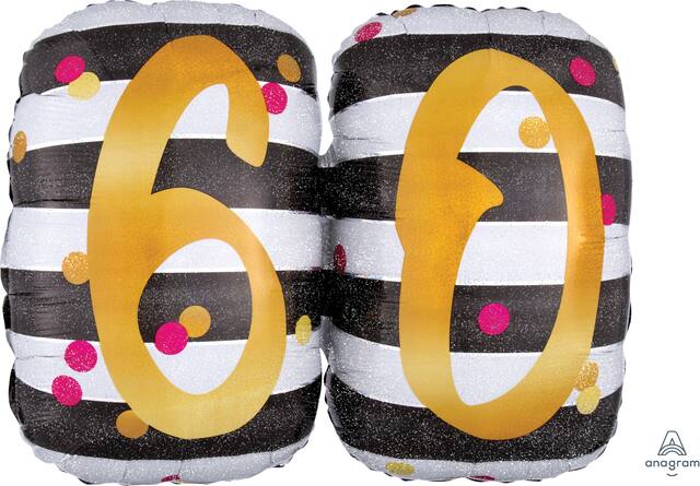 Prismatic Pink & Gold "60" Round Satin Foil Balloon, Black/White, Striped, 25-in, Helium Inflation & Ribbon Included for Birthday Party