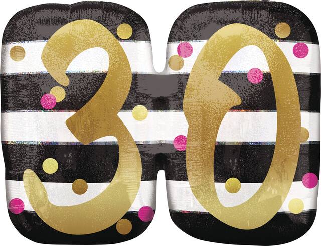 Prismatic Pink & Gold "30" Round Satin Foil Balloon, Black/White, Striped, 25-in, Helium Inflation & Ribbon Included for Birthday Party