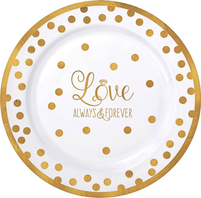 "Love Always & Forever" Round Plastic Reusable Lunch Plates, Gold/White, Polka Dot, 7-in, 20-pk, for Wedding/Engagement/Bridal Shower
