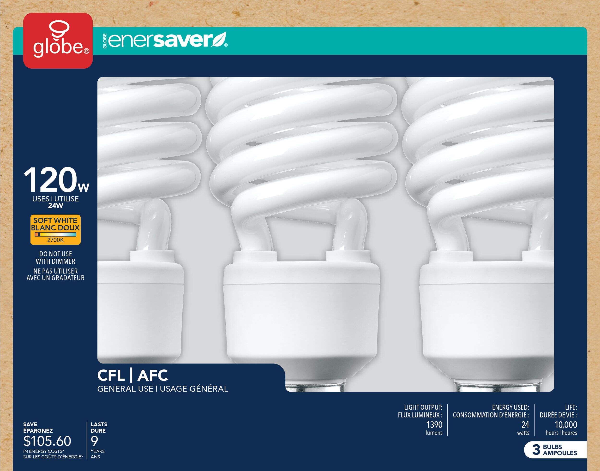 CFL Non-Dimmable Light Bulbs, 2700K, 1600 Lumens, Soft White, 120W, 3-pk