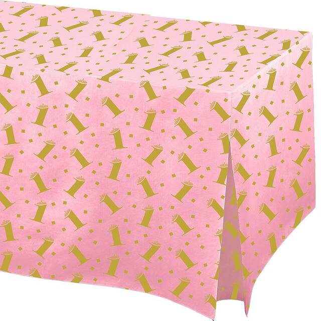 "1" Rectangle Flannel-Backed Vinyl Reusable Table Cover, Pink/Gold, 27x72-in, for Birthday Party