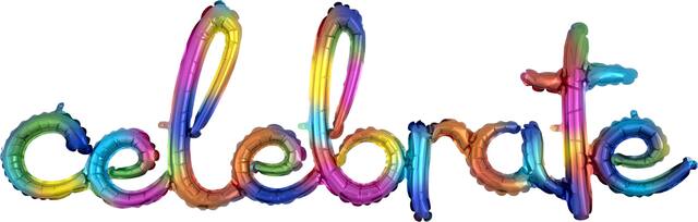 "Celebrate" Cursive Letters Satin Foil Balloon, Rainbow, 59x20-in, Air-Filled for Engagement/Wedding/Birthday