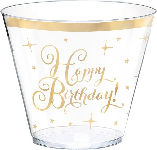 "Happy Birthday" Plastic Reusable Tumbler Cups, Clear/Gold, 9-oz, 30-pk, for Birthday Party