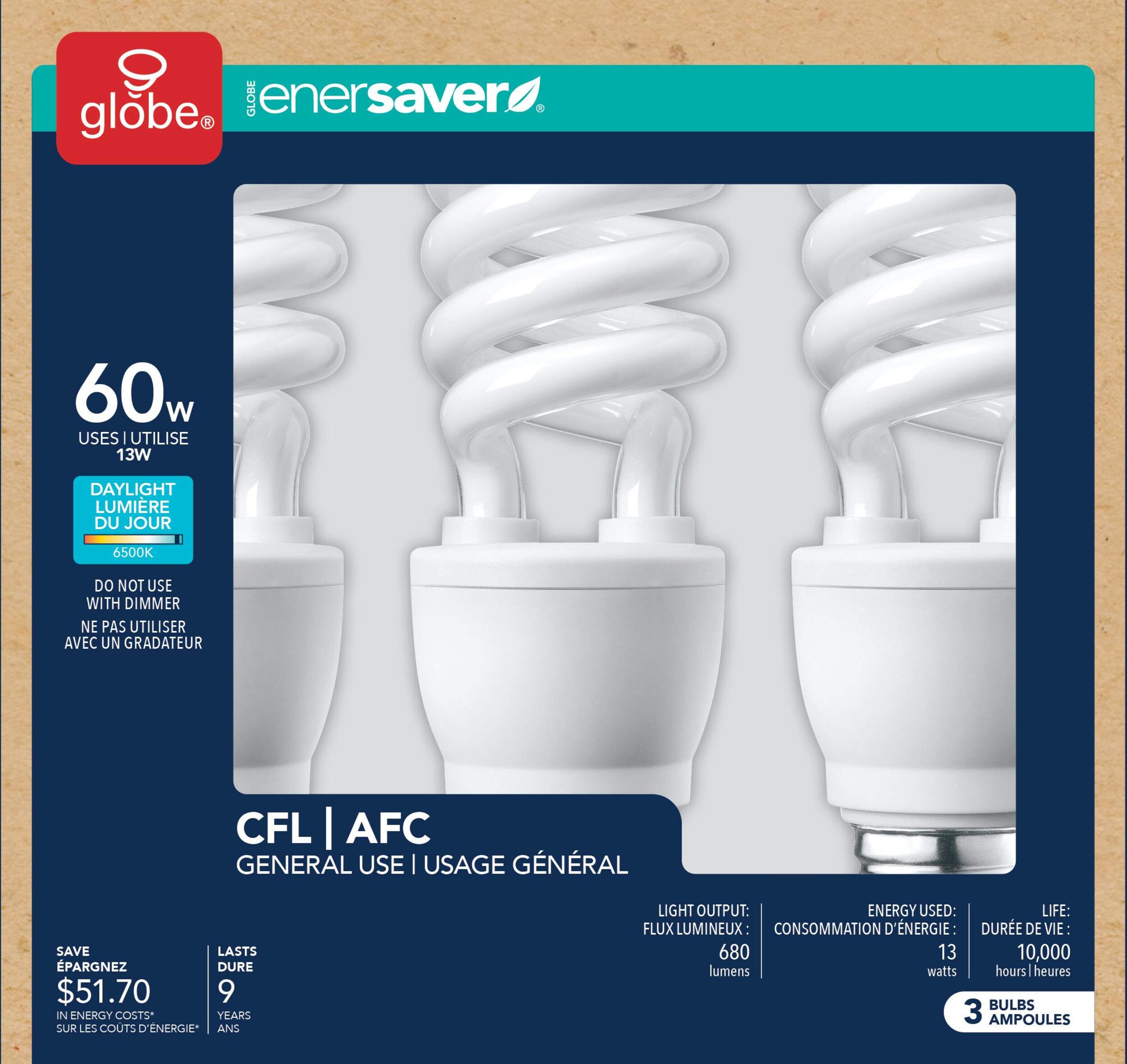 CFL Non-Dimmable Light Bulbs, 6500K, 800 Lumens, Daylight, 60W, 3-pk
