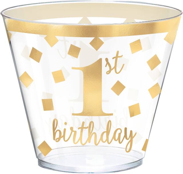 "1st Birthday" Plastic Reusable Tumbler Cups, Clear/Gold, 9-oz, 30-pk, for Birthday Party