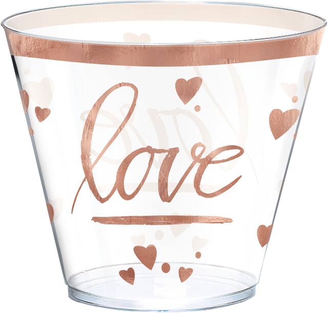 "Love" Bordered Trimmed Plastic Reusable Tumbler Cups, Rose Gold, Heart, 9-oz, 30-pk, for Bridal Shower/Bachelorette/Engagement Party
