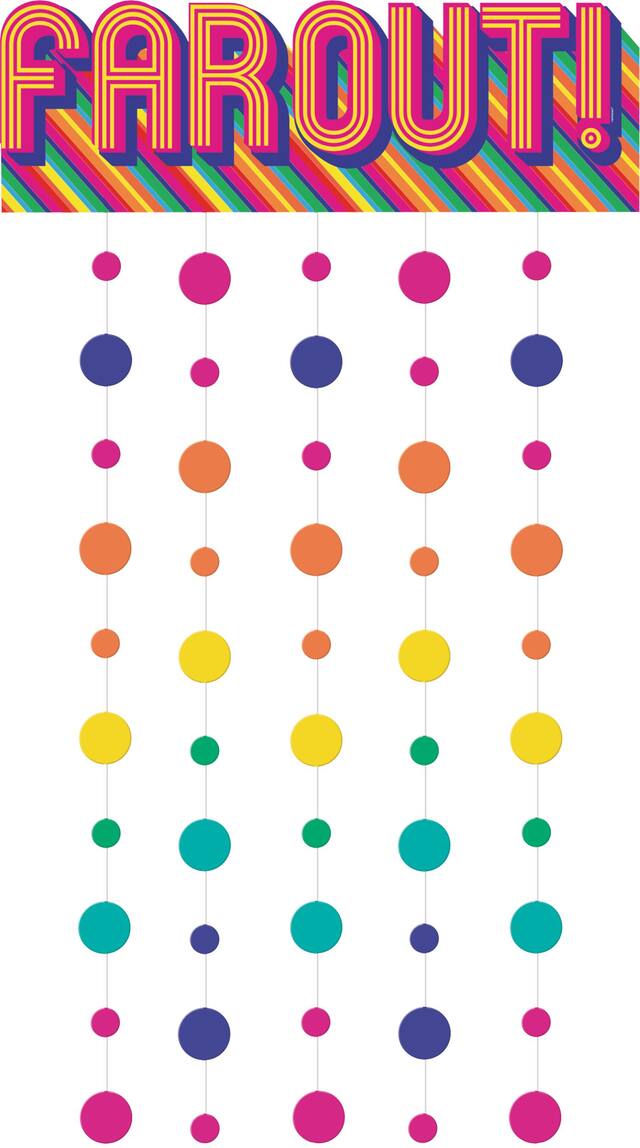 "Farout!" Hanging Doorway Curtain Decoration, Multi-Coloured, 77-in, for Retro Decade Party