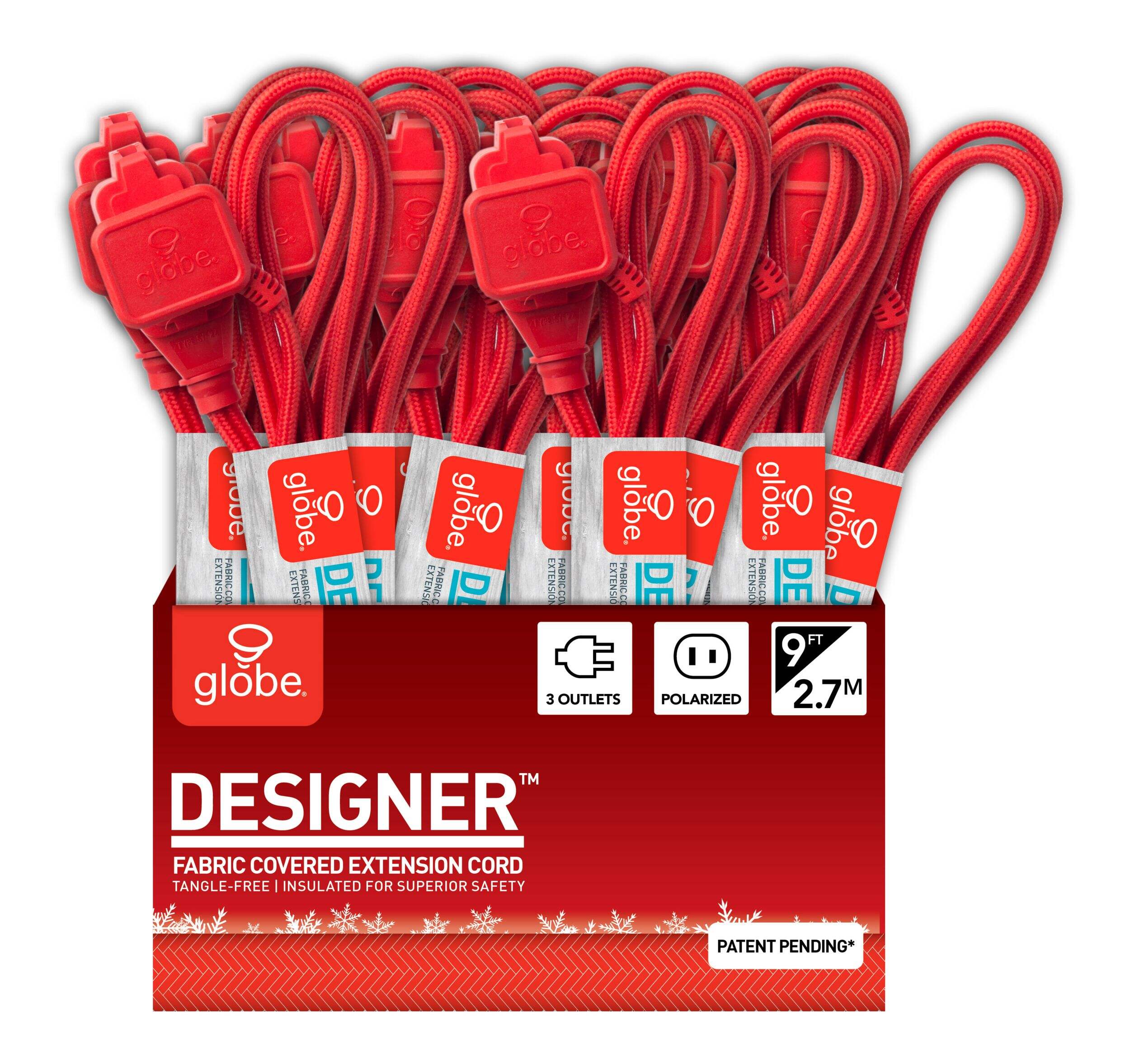 Globe 9-ft 16/2 Fabric Extension Cord, Right Angle Plug, 3  Outlets, Red