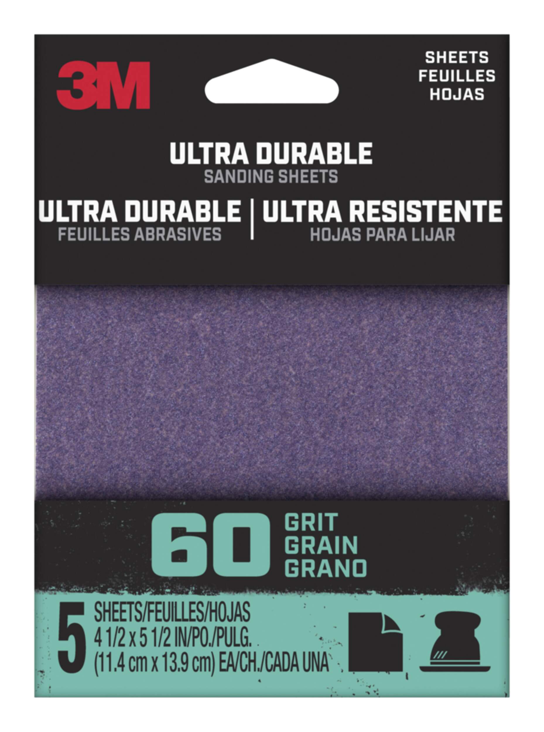 3M 4-1/2 x 5-1/2-in Ultra Durable Aluminum Oxide 1/4 Sheet Sandpaper Sheets for Wood, Metal, Plastic, Masonry, 5-pk