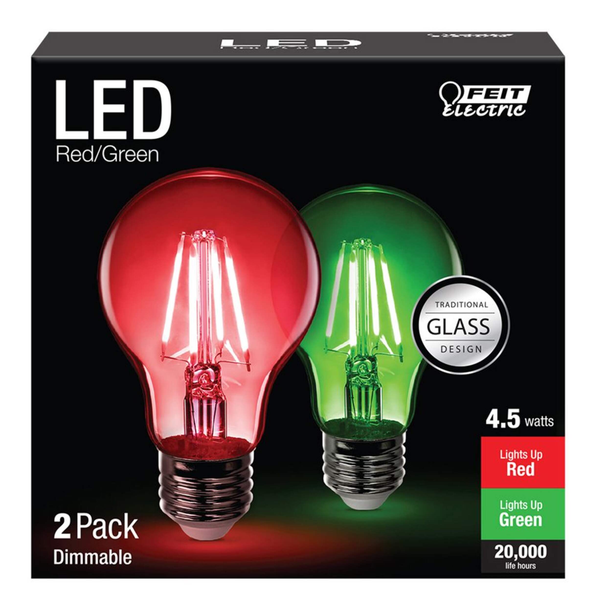 Feit Electric A19 Dimmable LED Glass Filament Light Bulbs, Red/Green, 4.5W, 2-pk