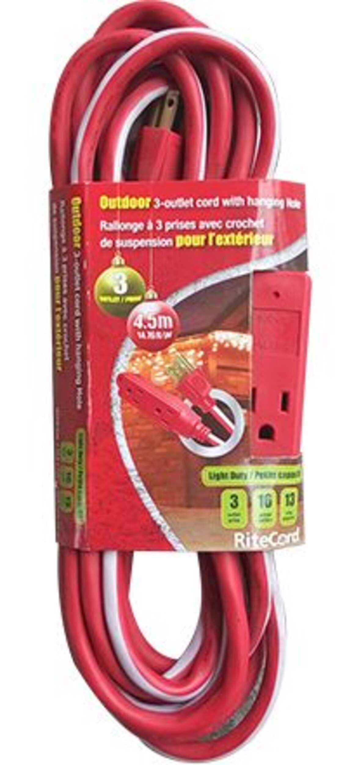 Ritecord 14-ft 7-in 16/3Outdoor Extension Cord with 3 Grounded Outlets, red/white/green