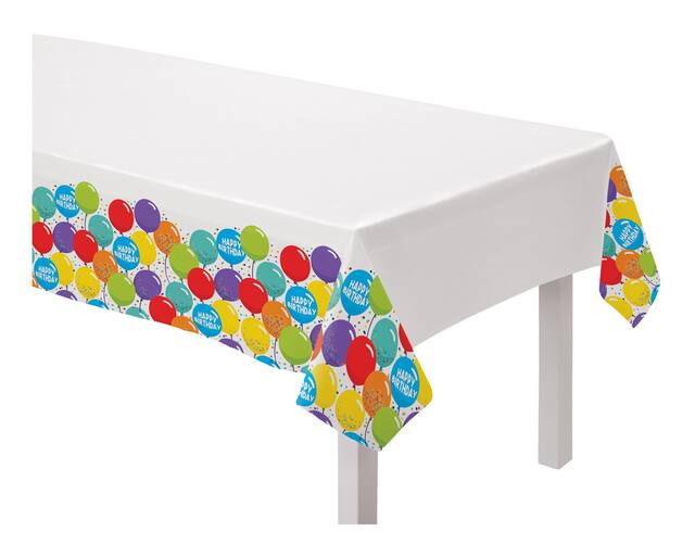 Balloon Birthday "Happy Birthday" Rectangle Plastic Reusable Table Cover, Multi-Coloured, 54x84-in, for Birthday Party