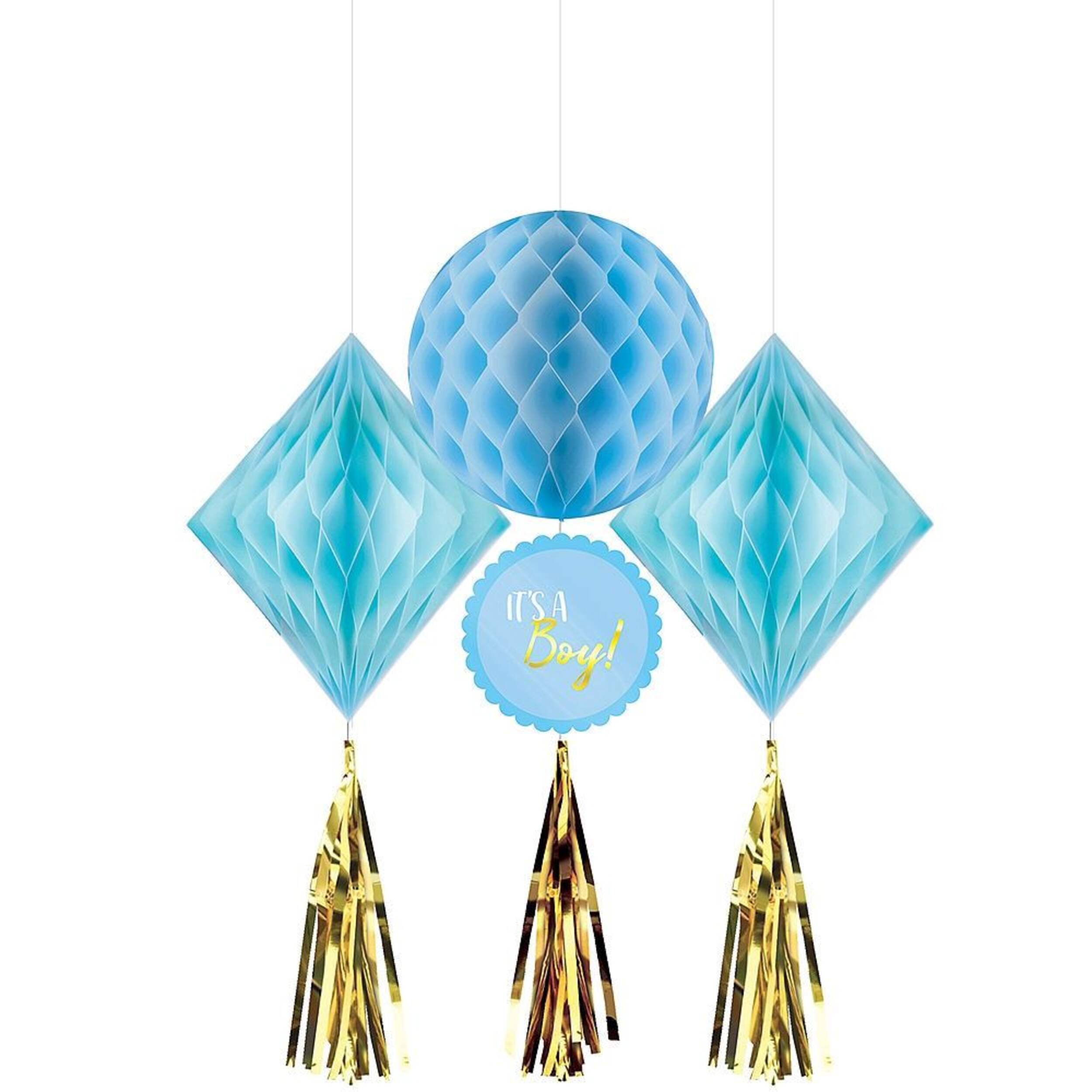 "It's a Boy" Honeycomb Hanging Decorations, Gold/Blue, 19-in, 3-pk, for Gender Reveal/Baby Shower