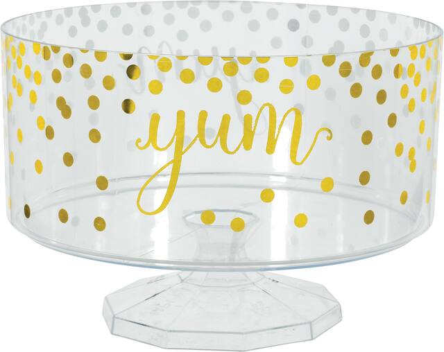 "Yum" Round Plastic Reusable Metallic Container, Clear/Gold, Polka Dots, 76-oz, for Birthday/Baby Shower/Wedding