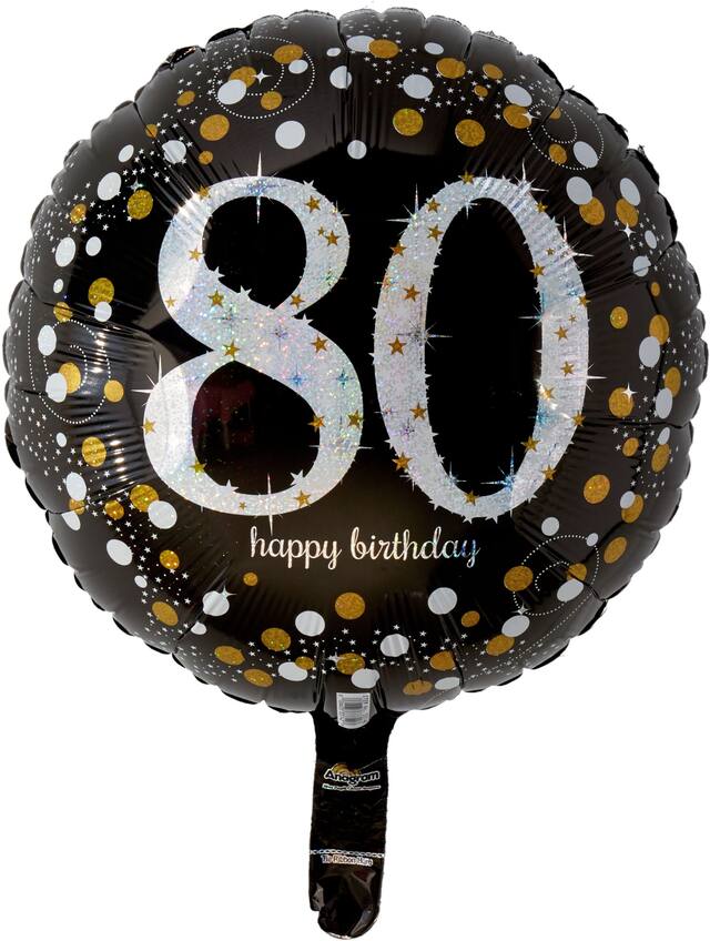 Sparkling Celebration "80 Happy Birthday" Round Satin Foil Balloon, Black/Gold, 18-in, Helium Inflation & Ribbon Included for Birthday Party
