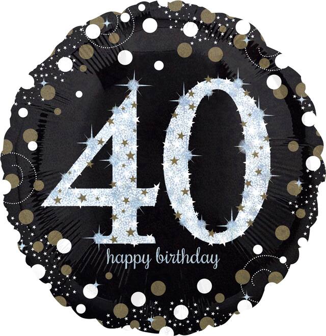 Sparkling Celebration "40 Happy Birthday" Round Satin Foil Balloon, Black/Gold, 18-in, Helium Inflation & Ribbon Included for Birthday Party