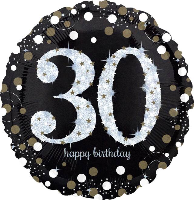 Sparkling Celebration "30 Happy Birthday" Round Satin Foil Balloon, Black/Gold, 18-in, Helium Inflation & Ribbon Included for Birthday Party