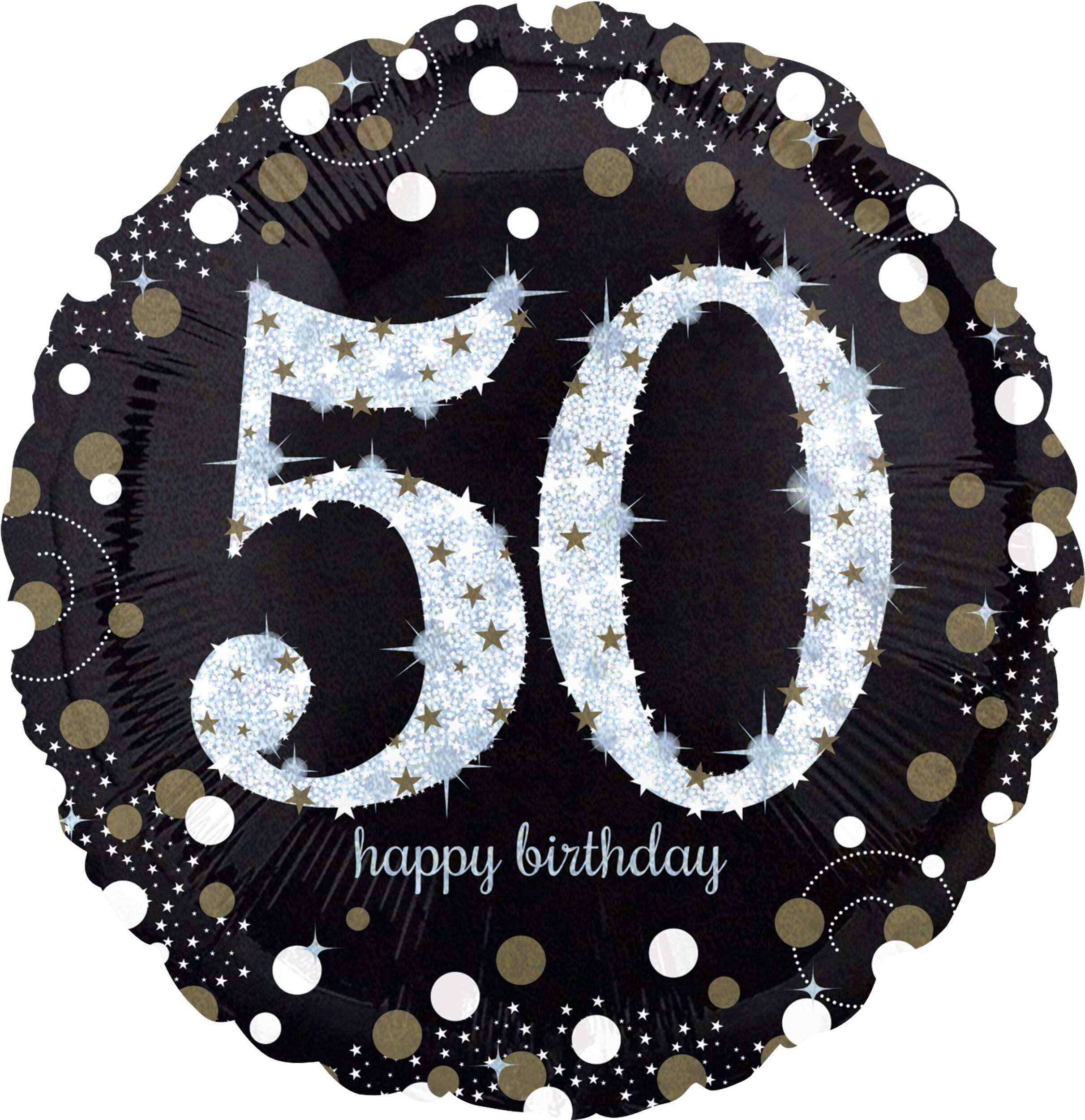 Sparkling Celebration "50 Happy Birthday" Round Satin Foil Balloon, Black/Gold, 18-in, Helium Inflation & Ribbon Included for Birthday Party