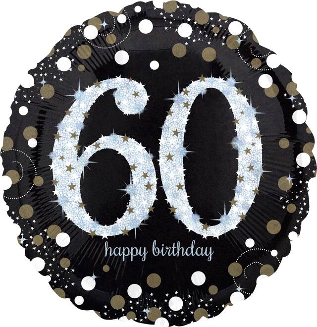 Sparkling Celebration "60 Happy Birthday" Round Satin Foil Balloon, Black/Gold, 18-in, Helium Inflation & Ribbon Included for Birthday Party