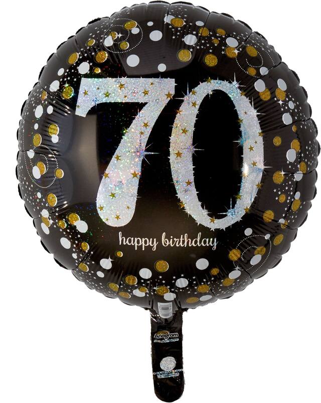 Sparkling Celebration "70 Happy Birthday" Round Satin Foil Balloon, Black/Gold, 18-in, Helium Inflation & Ribbon Included for Birthday Party
