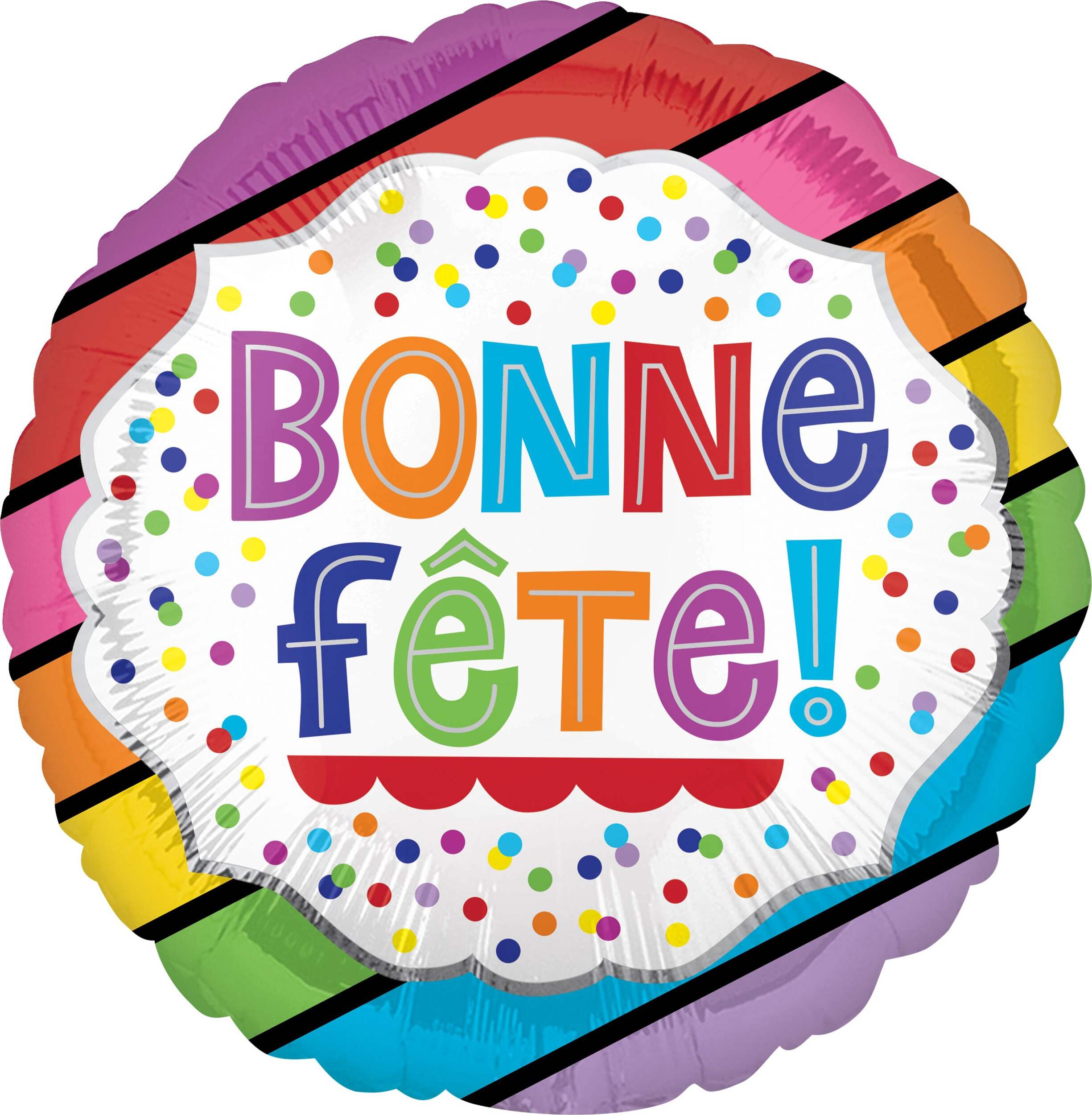"Bonne FÃÂªte" French Round Satin Foil Balloon, Multi-Coloured, Striped, 18-in, Helium Inflation & Ribbon Included for Birthday Party