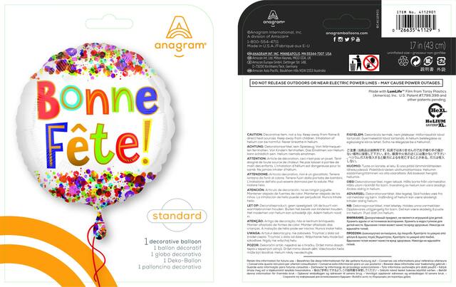 "Bonne FÃÂªte" French Round Satin Foil Balloon, White/Multi-Coloured, Polka Dot, 18-in, Helium Inflation & Ribbon Included for Birthday Party